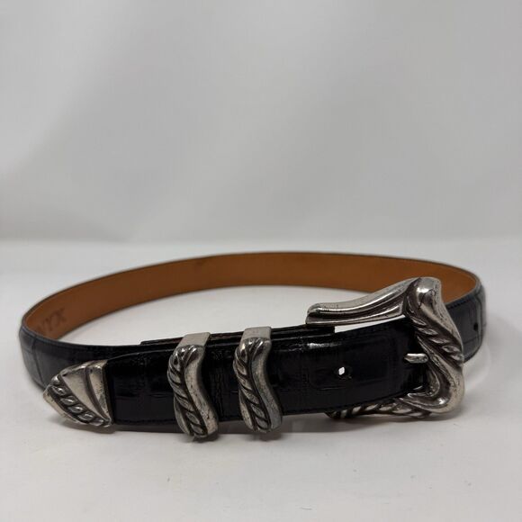 Onyx Accessories - Vintage ONYX 19403 Black Leather Belt Size 28 Marked 1993 90s Silver Buckle Tip